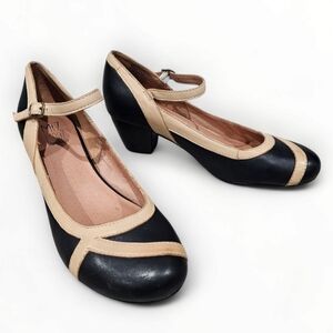 MIZ MOOZ Felicie Black Tan Leather Mary Jane Block Heel Retro Low Pumps 7.5M